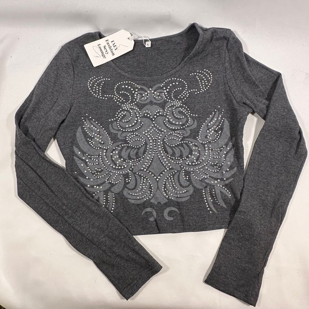NWT Woxlica Gray Y2K 90s Grunge Long Sleeve Fitted Thermal‎ Shirt Bling Women S